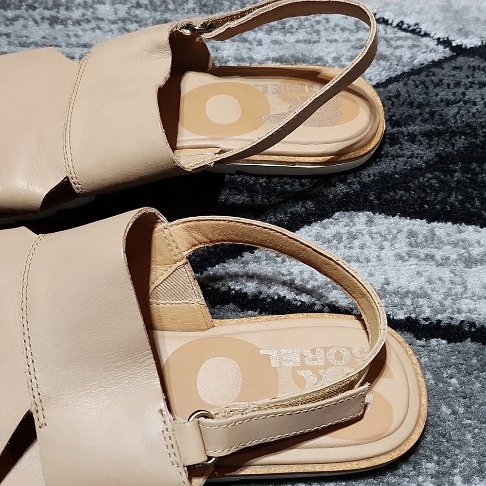 SOREL ELLA II BEIGE SEA SALT LEATHER  SLINGBACK FLAT SANDALS SIZE US 9